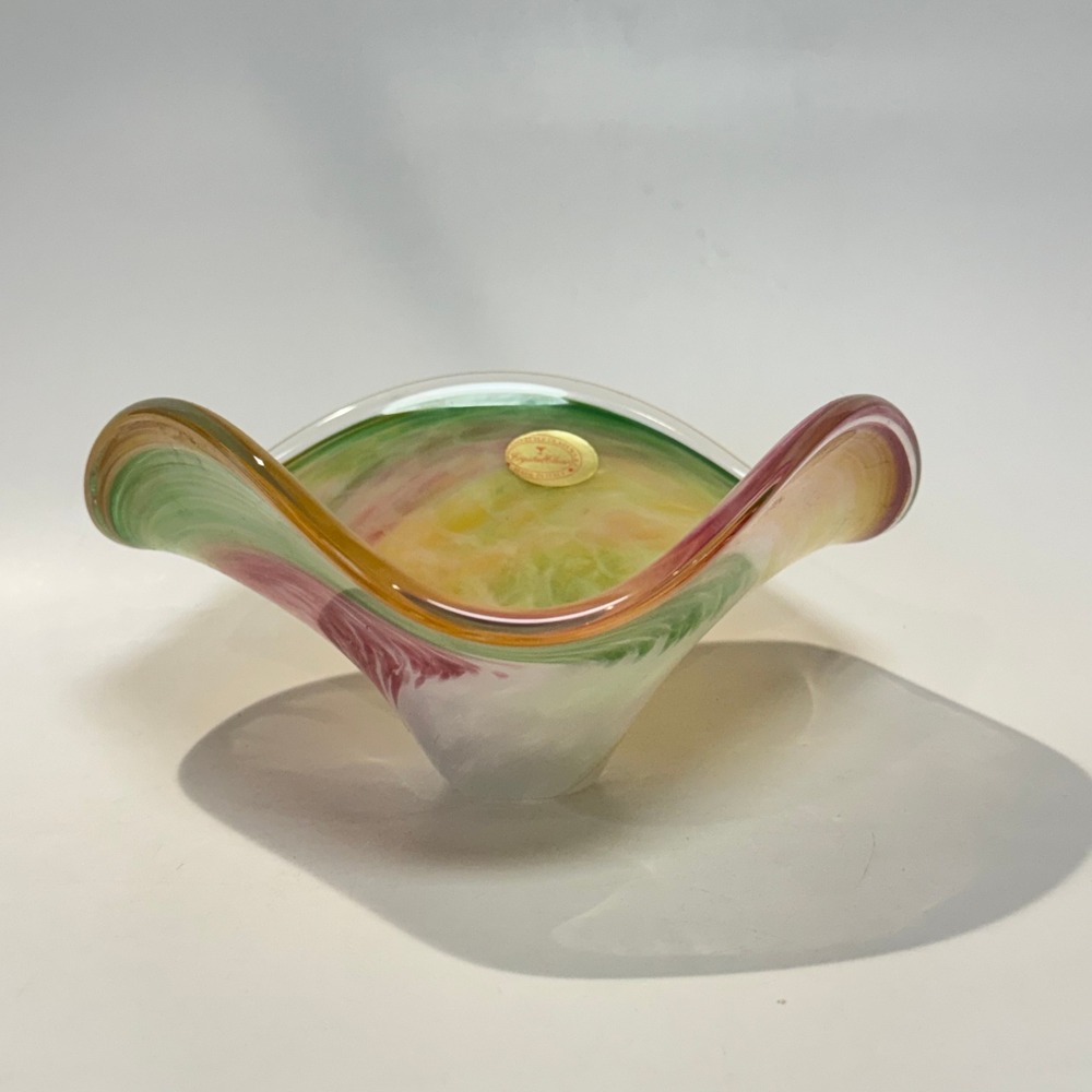 Vintage 70s Murano Style Italian Handkerchief 10" Centerpiece Bowl Crystal Clear